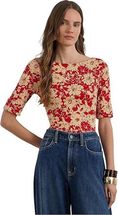 Lauren Ralph Lauren Floral Stretch Cotton Boatneck T-Shirts Womens Clothing Red/Tan : XL, Cotton/Elastane