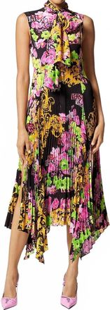 Versace Floral Printed Asymmetric Pleated Dress In Multi