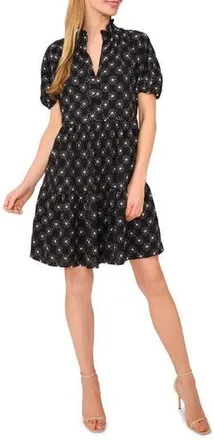 CeCe by Cynthia Steffe Embroidered Puff Sleeve Tiered Babydoll Dress in Rich Black at Nordstrom Rack, Size X-Small