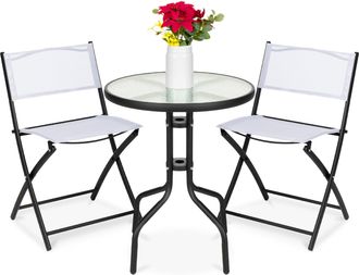 Best Choice Products 3-Piece Patio Bistro Dining Furniture Set w/ Round Textured Glass Tabletop, Folding Chairs