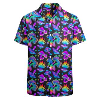 Generic Artsadd 80s 90s Hawaiian Shirt for Men Big and Tall Button Down Short Sleeve Shirt Aloha Beach Shirts Disco Party Outfits, Psychedelic Mushroom, XL