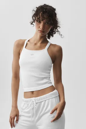 Alo | Seamless Ribbed Favorite Full Length Bra Tank Top in White, Size: Medium