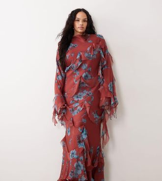 Asos Curve ASOS DESIGN Curve - Vestito lungo a maniche lunghe drappeggiato con bordi grezzi e volant a fiori-Multicolore