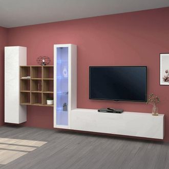 Dmora Dmora - Pared Equipada Dcolle, Conjunto De Sal&oacute;n Mueble De Tv Con 3 Puertas, Mueble De Sal&oacute;n Polivalente Con Vitrina Y Luz Led, 100% Made In Italy, Cm