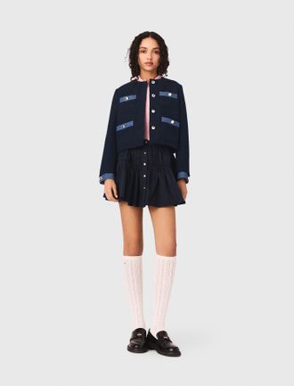 Maje Tweed Jacket With Denim Trim - Navy - Maje