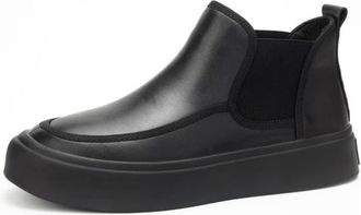 Generic Mens Slip on Chelsea Ankle Boots Round Toe PU Leather Short Boots Flat Heel Platform Casual Boot,Black,7.5 UK