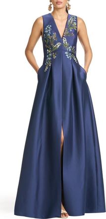 Sachin & Babi Embroidered Floral Sleeveless Mikado Gown in Washed Indigo at Nordstrom, Size 2