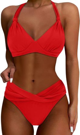 Generic Womens Bikini Set Two Piece Swimsuit Sexy Halter Neck Tie Bathing Suit Mid-High Waisted Bikini Sets for Women UK V Neck Push Up Underwired Swimsuits f