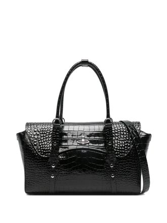 Vivienne Westwood Crocodile-Embossed Black Shoulder Bag With Metallic Emblem