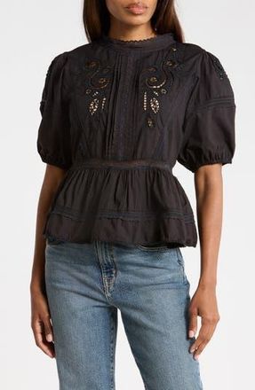 Max Studio Embroidered Short Sleeve Cotton Peplum Top in Black at Nordstrom Rack, Size X-Large