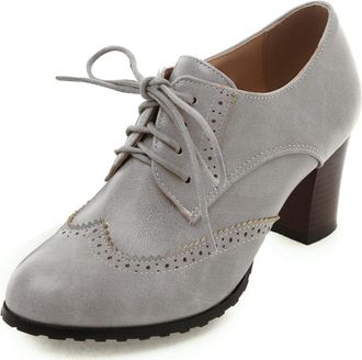 Generic MiaZane Womens Retro Cross Strap Round Toe High Block Heel Lace-Up Shoes for Daily Wear & Office Outfits PU Leather Comfortable,Gray,4.5 UK