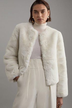 Karen Millen Collarless Faux Fur Jacket in Ivory at Nordstrom, Size 12