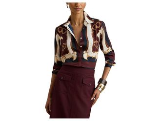 Lauren Ralph Lauren Classic Fit Equestrian-Print Twill Shirt Womens Clothing Navy/Cream : SM, Polyester/Twill