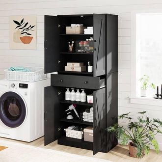 Costway Costway 183cm Tall Wooden Kitchen Pantry Farmhouse Cupboard Cabinet w/ Drawer in Black