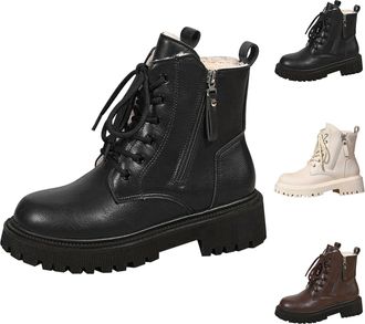 Generic Winter Ankle Boots for Women Warm Fur Lined Lace Up Snow Boots with Side Zipper Chunky Low Heel Water-resistan Short Booties Ladies Lug Sole Anti-Slip