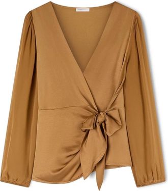 Motivi Satijnen blouse met V-hals en strik - Dames - Blouses - Beige - 2XL - Satijn - Overhemden