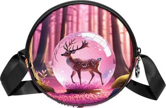 Generic Circle Crossbody Bag for Women, Deer Crystal Ball Small Sling Bag Daypack with Zipper Adjustable Shoulder Straps Casual Ladies Girls Round Purse