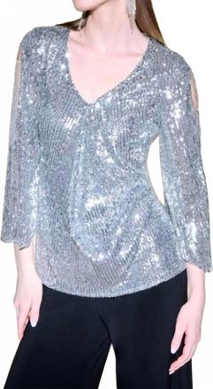 Joseph Ribkoff Sequin Bell Sleeve Flared Top In Silver/grey Silver