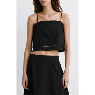 Mango Cutwork Trim Crop Top in Black at Nordstrom, Size Medium