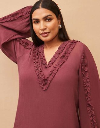 Live Unlimited London Womens Burgundy Frill Trim V Neck Blouse - Purple - Size: 22
