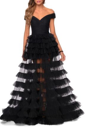 La Femme Sheer Layered Tulle Off the Shoulder Prom Gown in Black at Nordstrom, Size 8