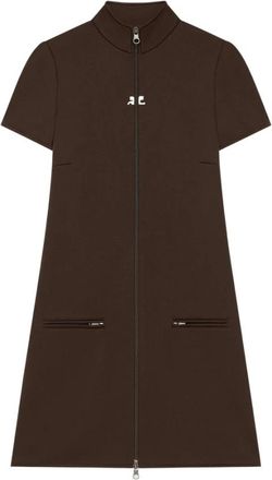 Courr&egrave;ges Bruine Jurk met Rits aan de Voorkant en Zakken - Dames - Korte kleedjes - Bruin - S - Polyester - Kleedjes