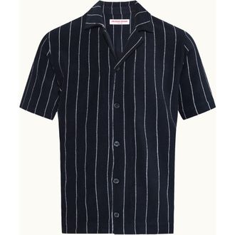 Orlebar Brown Hawkin Towelling Relaxed Fit Towelling Stripe Shirt in Night Iris/white Sand at Nordstrom, Size Xxx-Large