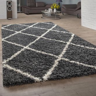 Paco Home Paco Home - Alfombra Pelo Largo Shaggy Para Sal&oacute;n Dise&ntilde;o Escandinavo Rombos En Gris Oscuro 240x340 Cm