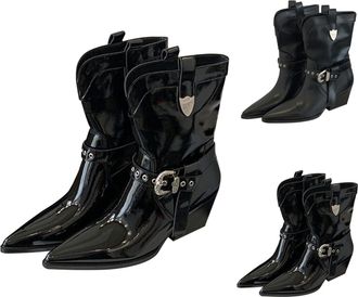 Generic Ankle Boots for Women UK Block Low Heel Cowboy Boots Retro Pointed Toe Riding Boot Retro Elegant Slip-On Buckle Short Boot Wide Fit Calf Solid Color C