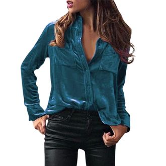 Generic Velvet Shirt Womens Autumn Winter Casual V Neck Blouses Button Down Velvet Tops Shirt with Pocket Women Winter Buttons Blouse Velvet Long Sleeve Solid