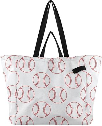 Generic Baseball White pattern Reusable Canvas Tote Bag, Heavy Duty Grocery Shopping Bag with Double Handles Large Capacity Hard Bottom Work Groceries Travel