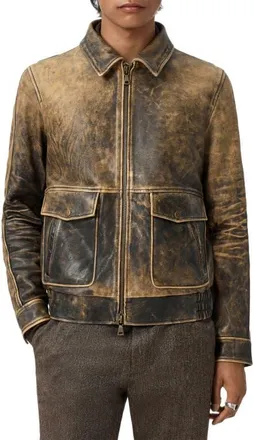 John Varvatos Atlas Distressed Leather Jacket with Removable Genuine Shearling Collar in Dark Tan at Nordstrom, Size 50