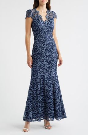 Eliza J Illusion Cap Sleeve Gown in Denim at Nordstrom, Size 8