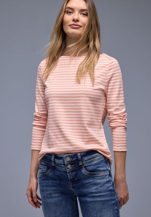 Street One Langarmshirt STREET ONE, Damen, Gr. 38, light apricot, Jersey, Obermaterial: 100% Baumwolle, gestreift, tailliert h&uuml;ftbedeckend, U-Boot-Ausschnitt, Sh