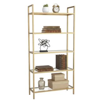 Dmora Estante Para Libros Delphini, Estante De Oficina, Porta Libros M&oacute;vil, Biblioteca, 80x30h165 Cm, Oro, Con Embalaje Reforzado - Dmora