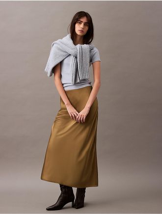 Calvin Klein Womens Stretch Satin Midi Skirt - Green - 00