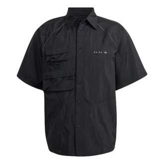 adidas Mens adidas originals Solid Color Lapel Short Sleeve Black Shirt HK2733