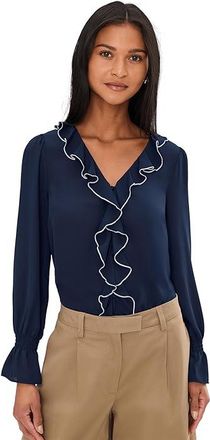 CeCe by Cynthia Steffe Contrast Ruffle Trim Long Sleeve V-Neck Top Womens Clothing Classic Navy : SM, Polyester
