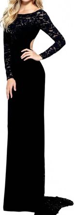 Sherri Hill Lace Long Sleeve Jersey Cut Out Back Maxi Dress In Black