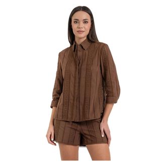 Kocca Overhemden, Dames, Bruin, XS, Katoen, Dames katoenen shirt met broderie anglaise en 3/4 mouwen
