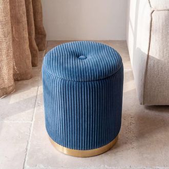 Maisons du monde Puf ba&uacute;l de terciopelo de pana azul marino y acero dorado