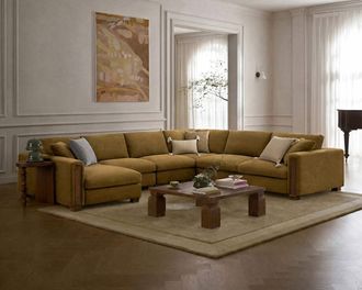 Castlery Tan France Kagan 6-Piece L-Shape Sectional Couch with Left Chaise, (Basketweave) Caramel - Brown - Castlery