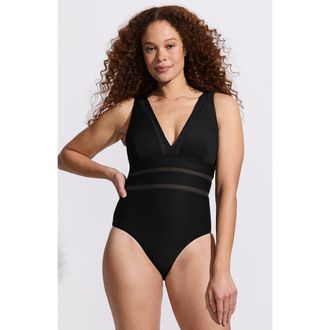 Lands End Mesh Plunge High Leg One Piece Swimsuit in Black Ottoman at Nordstrom, Size 10