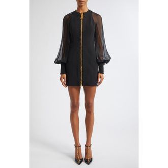 Balmain Sheer Long Sleeve Zip Minidress in Eap Black/black at Nordstrom, Size 38