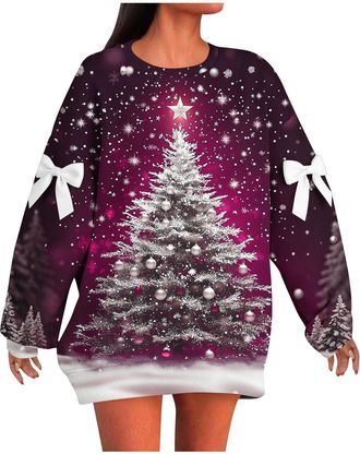 Generic Christmas Jumpers for Women UK Oversized Long Sleeve Christmas Tree Printed Jumper Plus Size Novelty Xmas Sweatshirts Graphic Crewneck Shirts Autumn W
