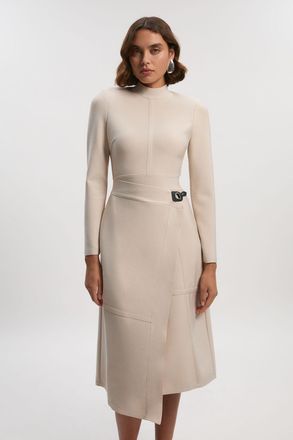 Karen Millen Womens Figure Form Bandage Asymmetric Long Sleeve Knit Midi Dress - Beige - Size X-Small