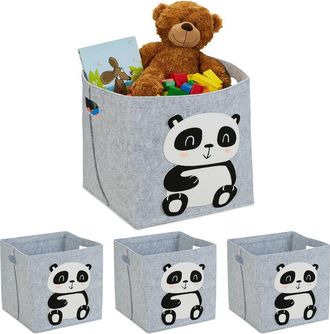 Relaxdays Storage Basket, Set of 4, Panda Motif, Felt Organiser for Children, Foldable, h x w x d: 33 x 34 x 32 cm, Grey - Relaxdays