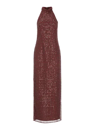 Rotate Burgundy Long Dress With All-Over Beaded Pattern