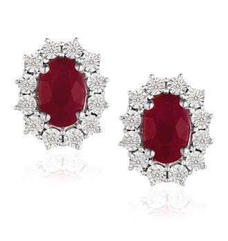 The Diamond Store Ruby Earrings with Lab Diamonds in 925 Silver - 6 x 4mm Centre