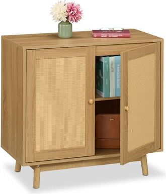 Relaxdays Credenza Ingresso e Salotto, Comò Soggiorno hlp: 75x80x40 cm, Cassettiera in Legno con Ante in Rattan, Marrone - Relaxdays